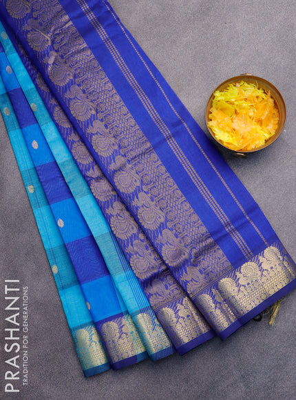 Silk cotton saree light blue and blue with allover paalum pazhamum checked pattern & zari buttas and annam zari woven border