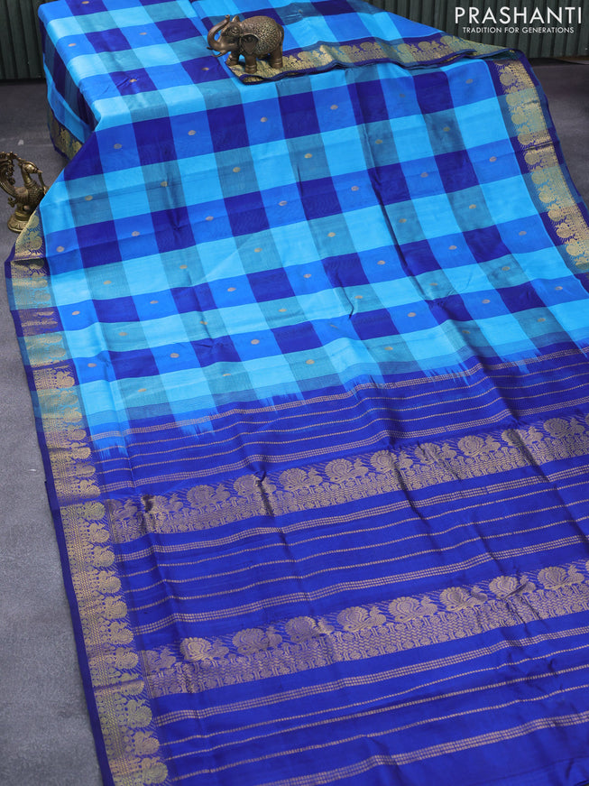 Silk cotton saree light blue and blue with allover paalum pazhamum checked pattern & zari buttas and annam zari woven border