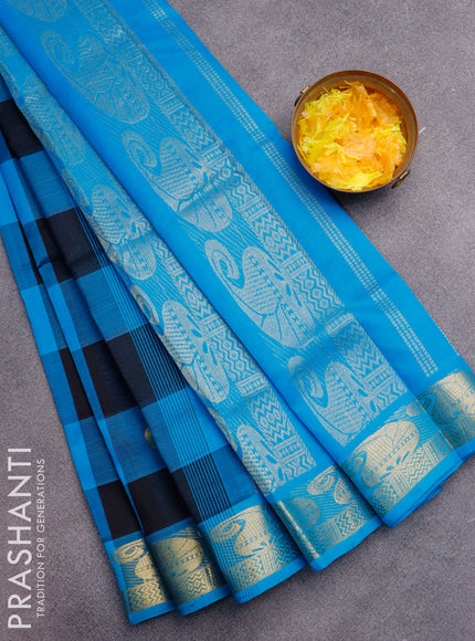 Silk cotton saree black and blue with allover paalum pazhamum checked pattern & zari buttas and paisley zari woven border