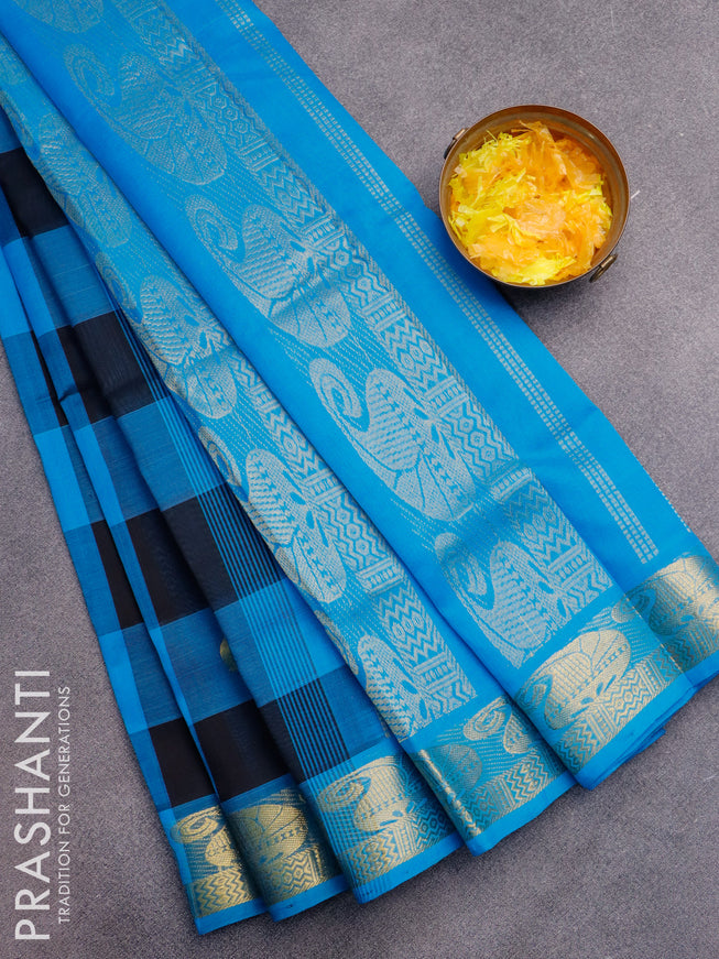 Silk cotton saree black and blue with allover paalum pazhamum checked pattern & zari buttas and paisley zari woven border