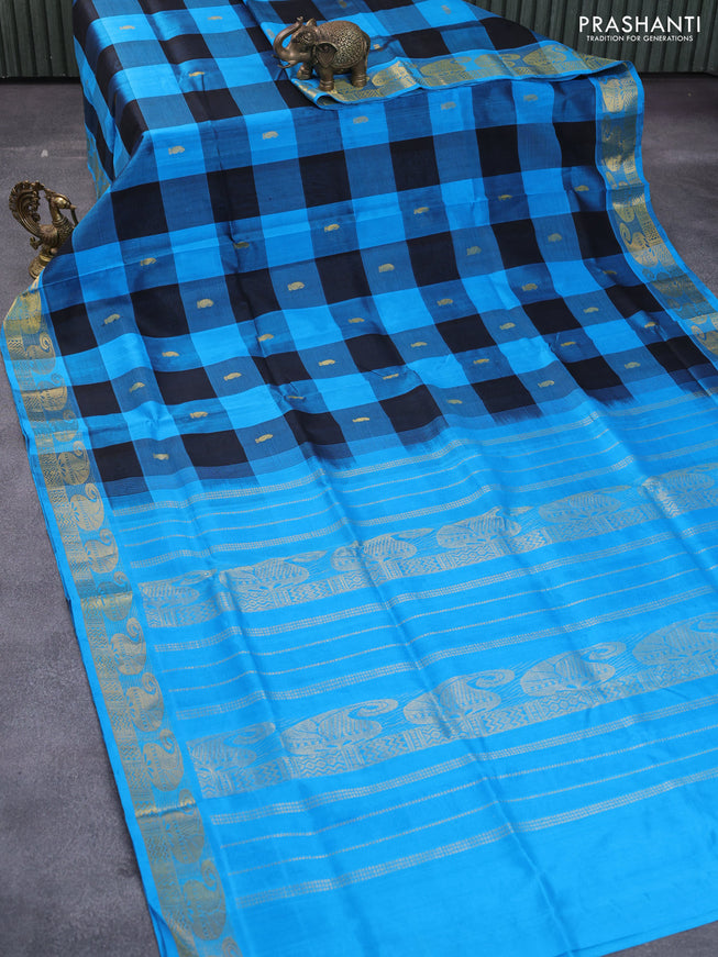 Silk cotton saree black and blue with allover paalum pazhamum checked pattern & zari buttas and paisley zari woven border