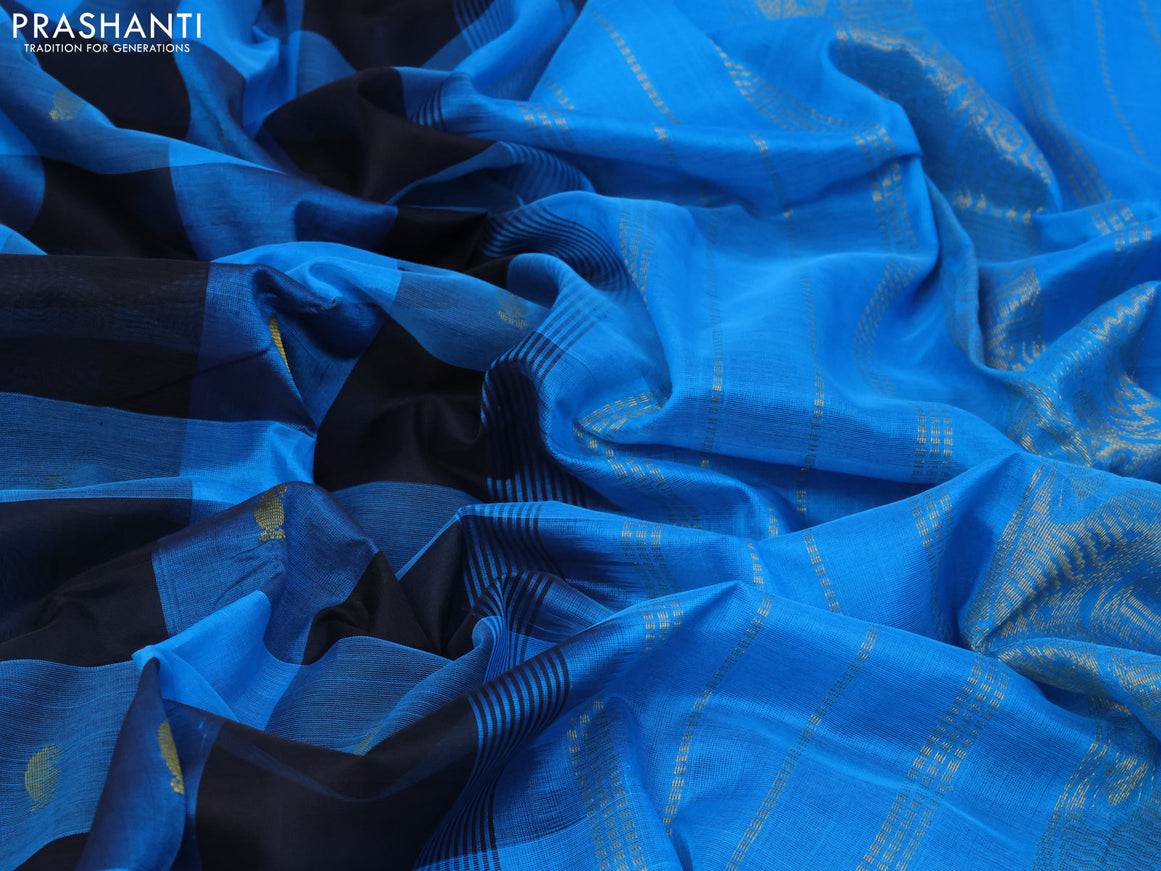 Silk cotton saree black and blue with allover paalum pazhamum checked pattern & zari buttas and paisley zari woven border