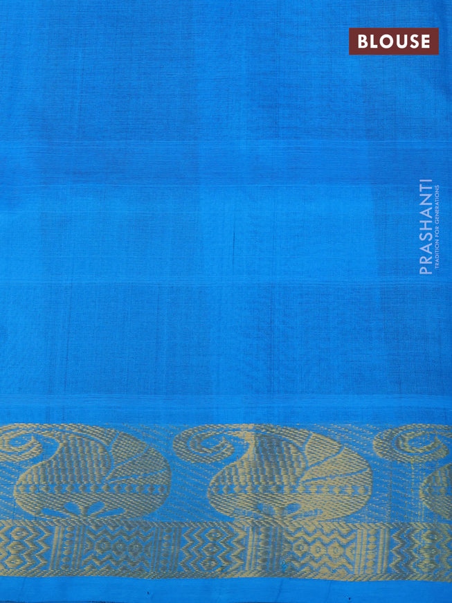 Silk cotton saree black and blue with allover paalum pazhamum checked pattern & zari buttas and paisley zari woven border