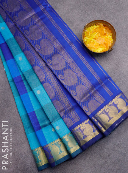 Silk cotton saree light blue and blue with allover paalum pazhamum checked pattern & zari buttas and annam zari woven border