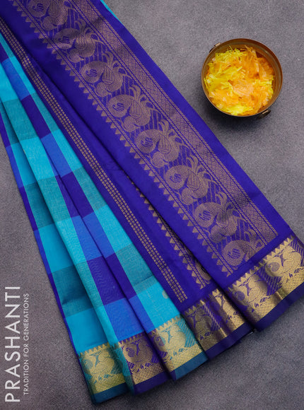 Silk cotton saree light blue and blue with allover paalum pazhamum checked pattern & zari buttas and annam zari woven border