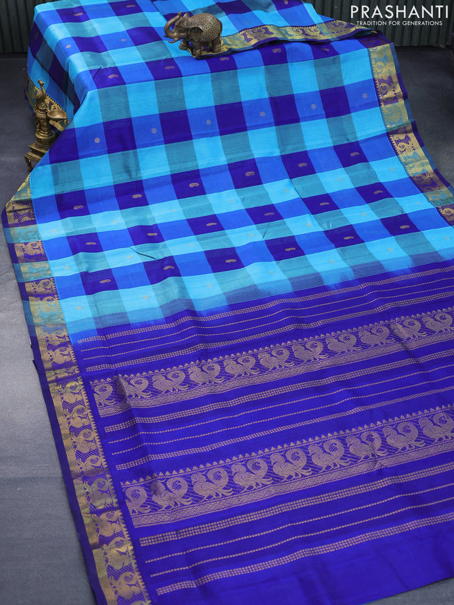 Silk cotton saree light blue and blue with allover paalum pazhamum checked pattern & zari buttas and annam zari woven border