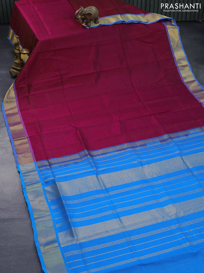 Silk cotton saree datk magenta pink and cs blue with allover vairaosi pattern and zari woven border