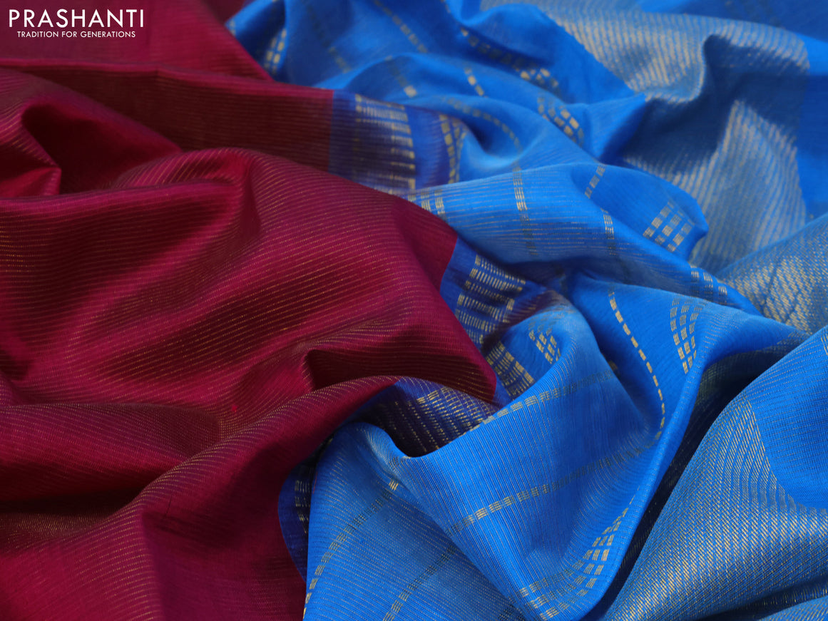 Silk cotton saree datk magenta pink and cs blue with allover vairaosi pattern and zari woven border