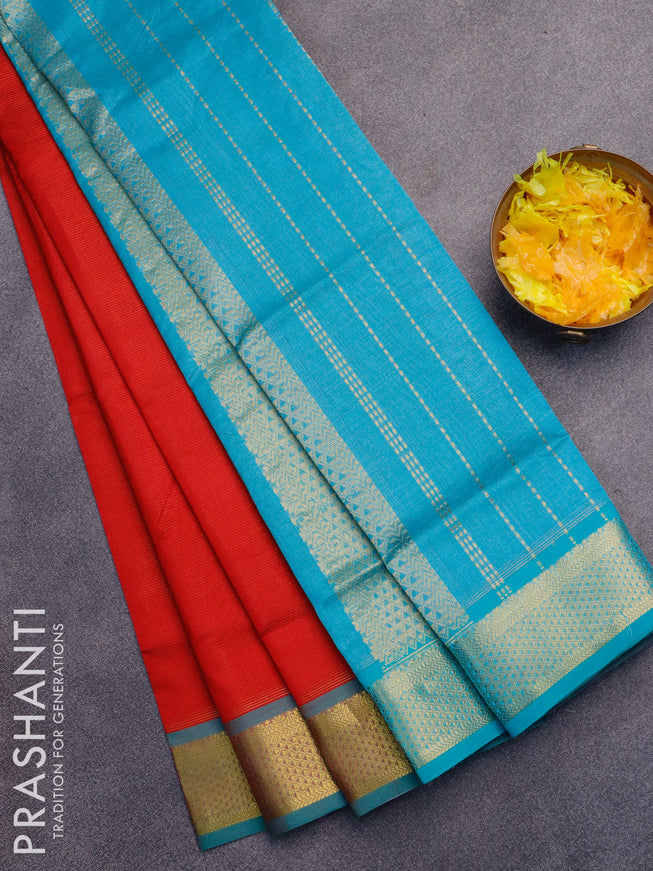 Silk cotton saree red and blue with allover vairaosi pattern and zari woven border