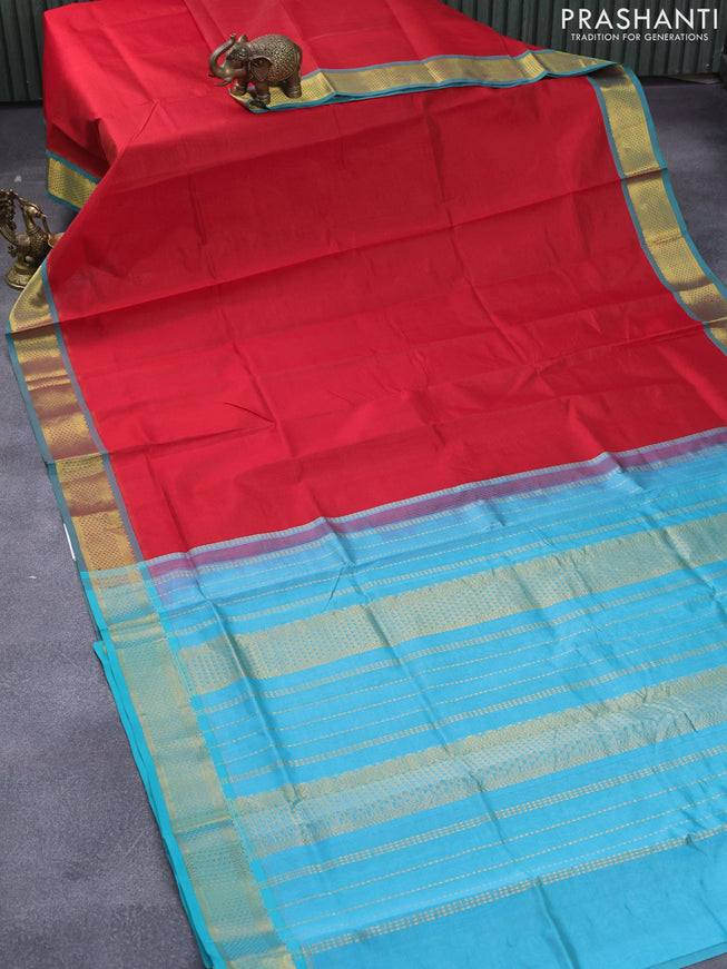 Silk cotton saree red and blue with allover vairaosi pattern and zari woven border