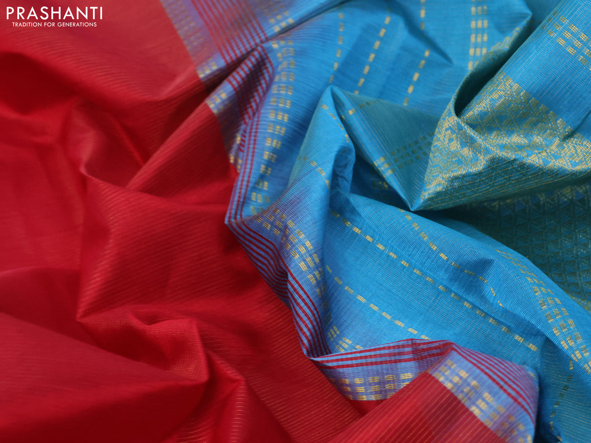 Silk cotton saree red and blue with allover vairaosi pattern and zari woven border