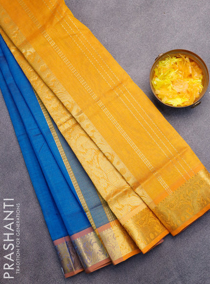 Silk cotton saree cs blue and mustard yellow with allover vairaosi pattern and elephant & peacock zari woven border