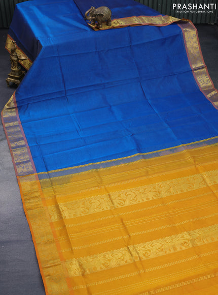 Silk cotton saree cs blue and mustard yellow with allover vairaosi pattern and elephant & peacock zari woven border