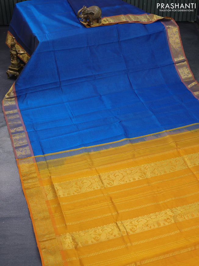 Silk cotton saree cs blue and mustard yellow with allover vairaosi pattern and elephant & peacock zari woven border