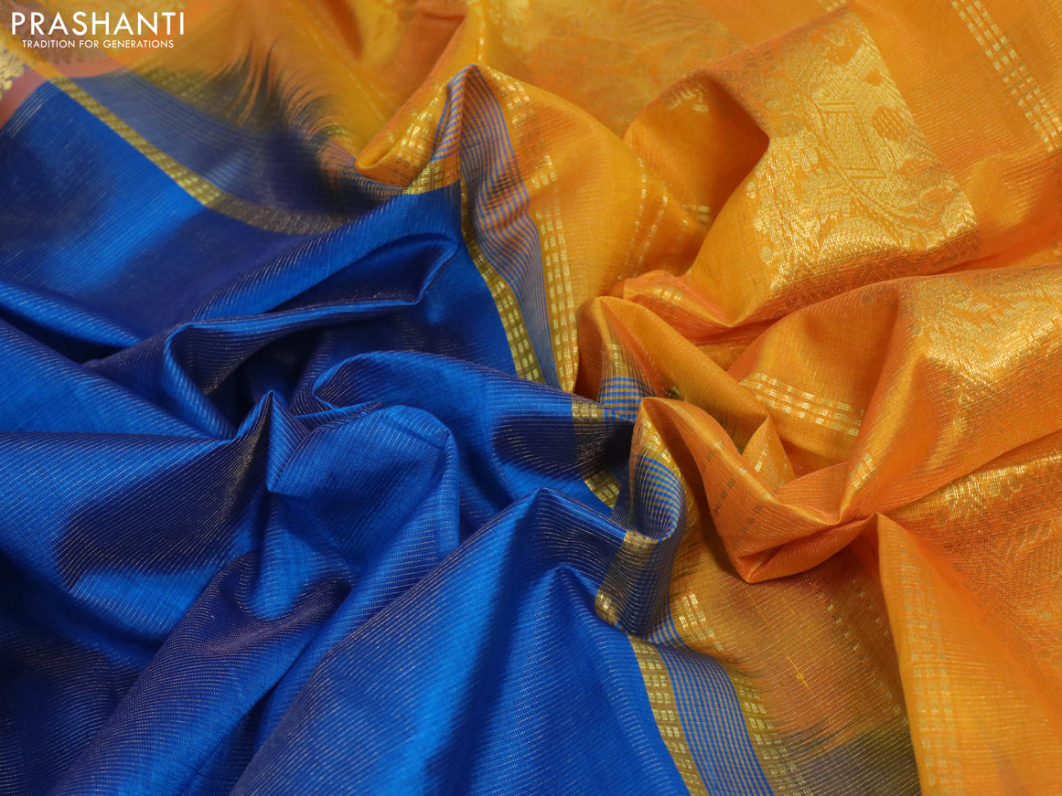 Silk cotton saree cs blue and mustard yellow with allover vairaosi pattern and elephant & peacock zari woven border