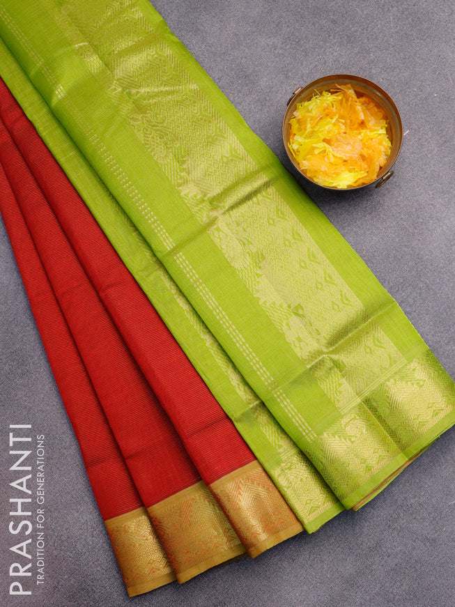 Silk cotton saree kumkum red and light green with allover vairaosi pattern and zari woven border