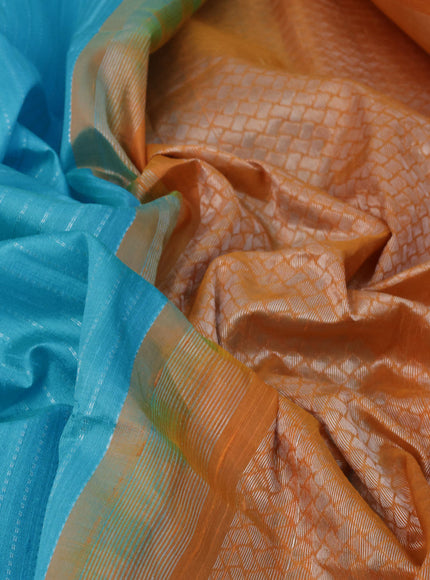 Pure raw silk saree light blue and drak mustard with allover silver zari weaves in borderless style