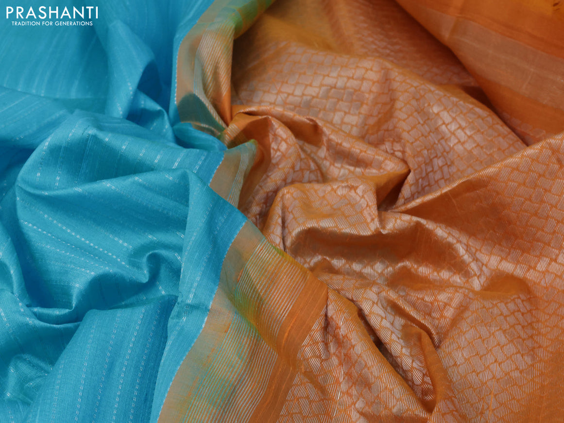 Pure raw silk saree light blue and drak mustard with allover silver zari weaves in borderless style