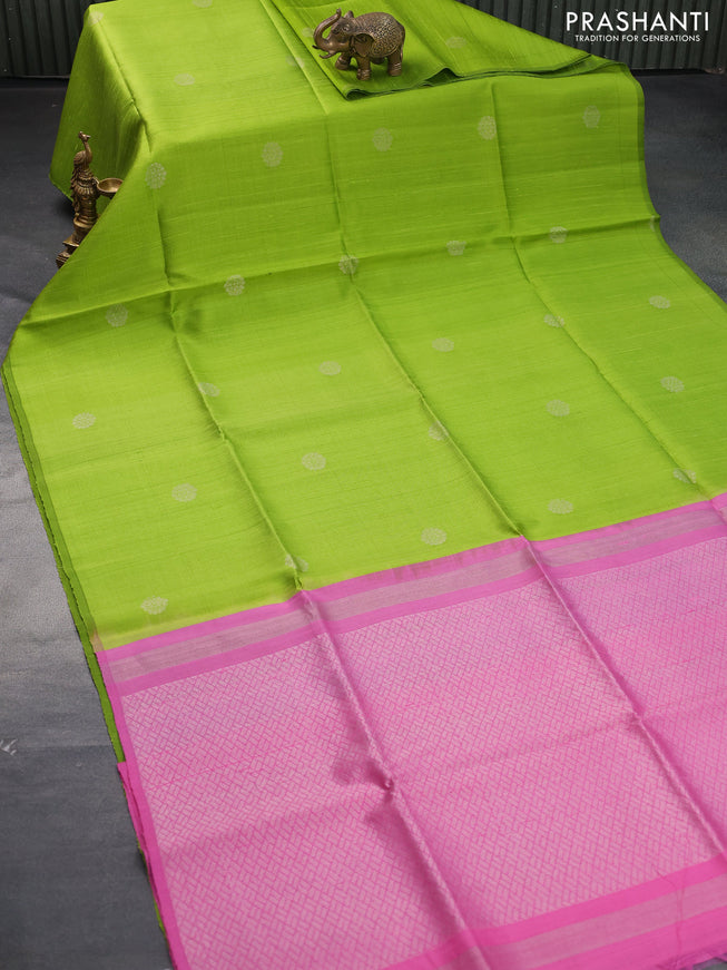 Pure raw silk saree light green and light pink with silver zari woven buttas in borderless style