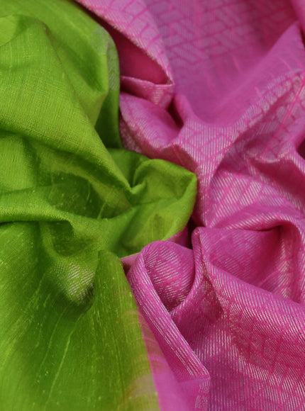 Pure raw silk saree light green and light pink with silver zari woven buttas in borderless style