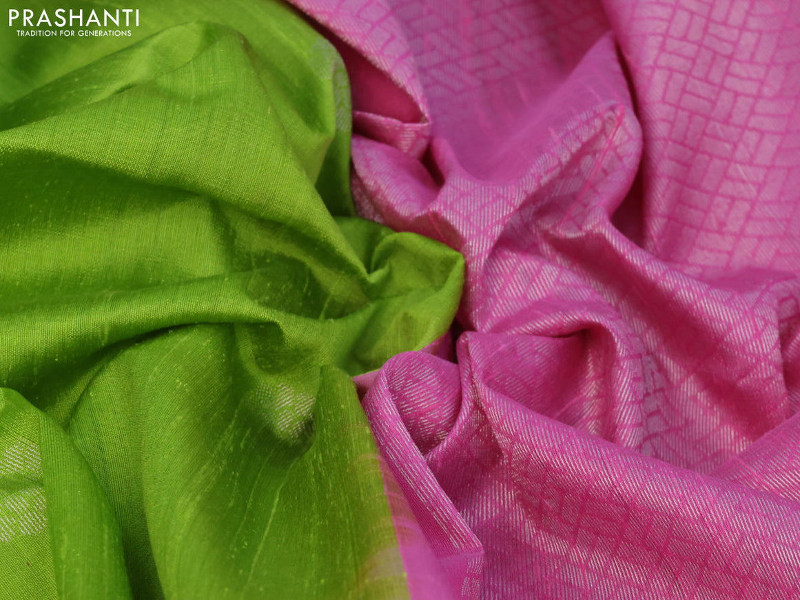 Pure raw silk saree light green and light pink with silver zari woven buttas in borderless style