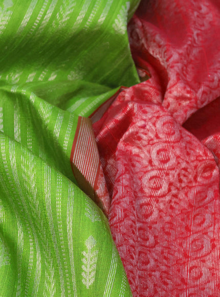 Pure raw silk saree light green and reddish pink with allover silver zari weaves in borderless style