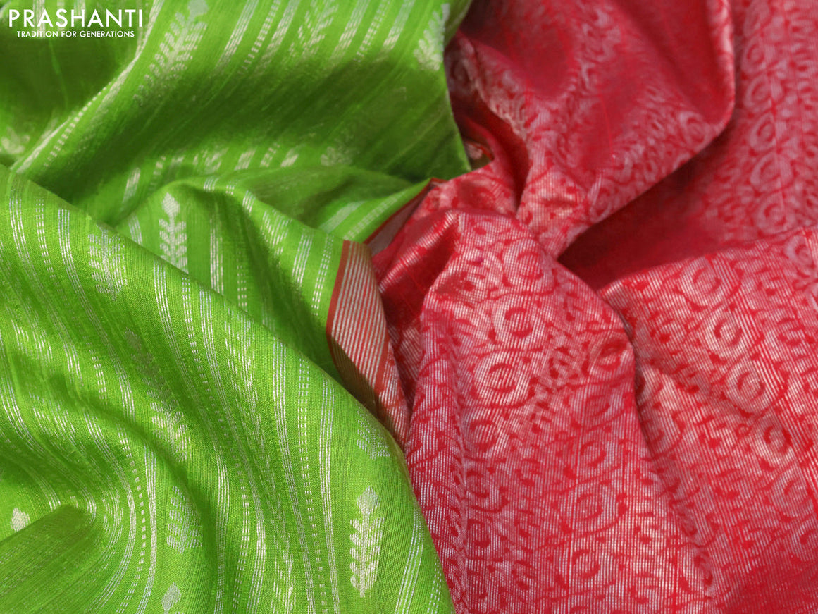 Pure raw silk saree light green and reddish pink with allover silver zari weaves in borderless style