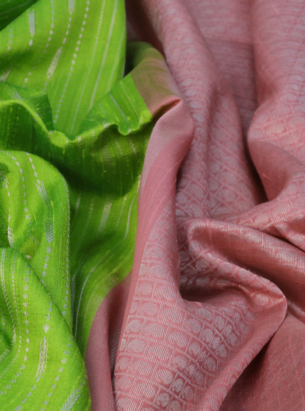 Pure raw silk saree light green and pastel brown with allover silver zari weaves in borderless style