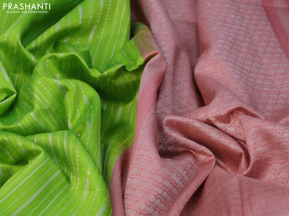 Pure raw silk saree light green and pastel brown with allover silver zari weaves in borderless style