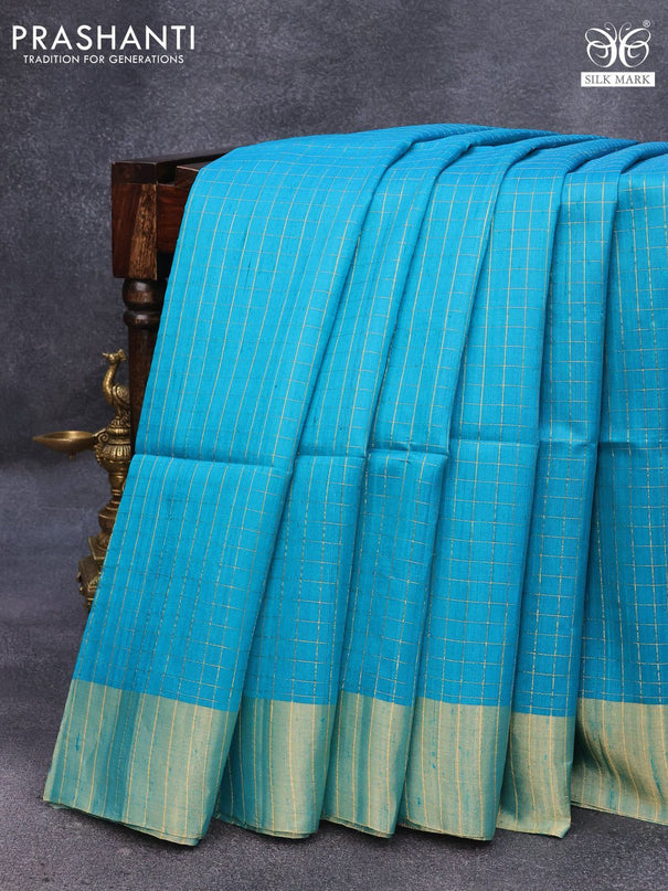 Pure raw silk saree cs blue and royal blue with allover zari checked pattern and zari woven border