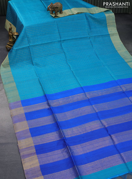 Pure raw silk saree cs blue and royal blue with allover zari checked pattern and zari woven border