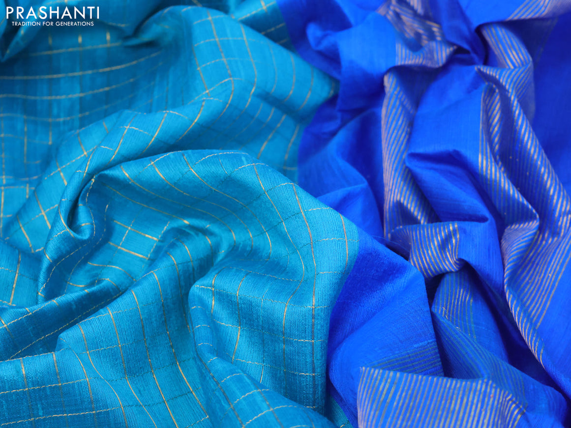 Pure raw silk saree cs blue and royal blue with allover zari checked pattern and zari woven border