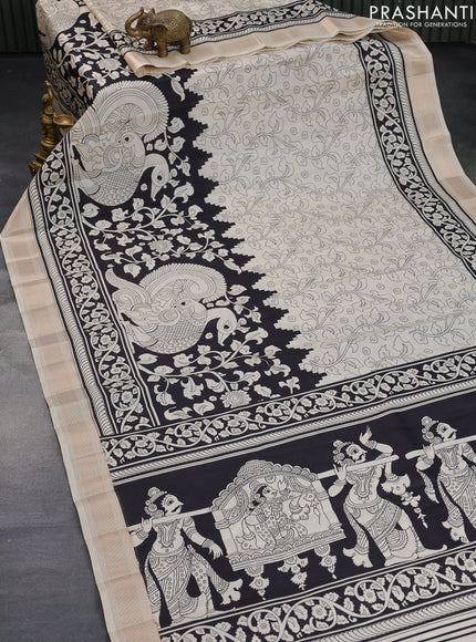 Semi raw silk saree cream and black with allover kalamkari prints and zari woven border