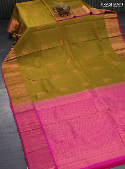 Pure kanjivaram silk saree mustard green and pink with allover self emboss & temple zari buttas and copper zari woven border