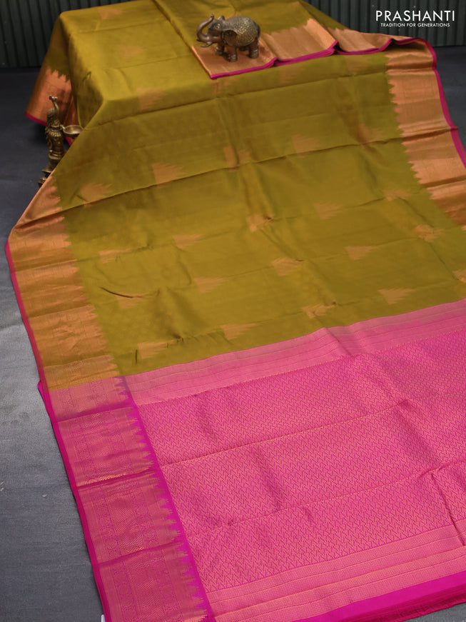 Pure kanjivaram silk saree mustard green and pink with allover self emboss & temple zari buttas and copper zari woven border