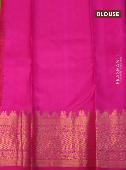 Pure kanjivaram silk saree mustard green and pink with allover self emboss & temple zari buttas and copper zari woven border