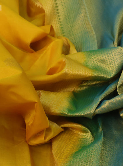 Pure kanjivaram silk saree yellow and dual shade of blue with zari woven buttas and rich zari woven border