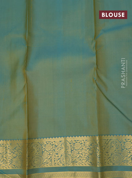 Pure kanjivaram silk saree yellow and dual shade of blue with zari woven buttas and rich zari woven border