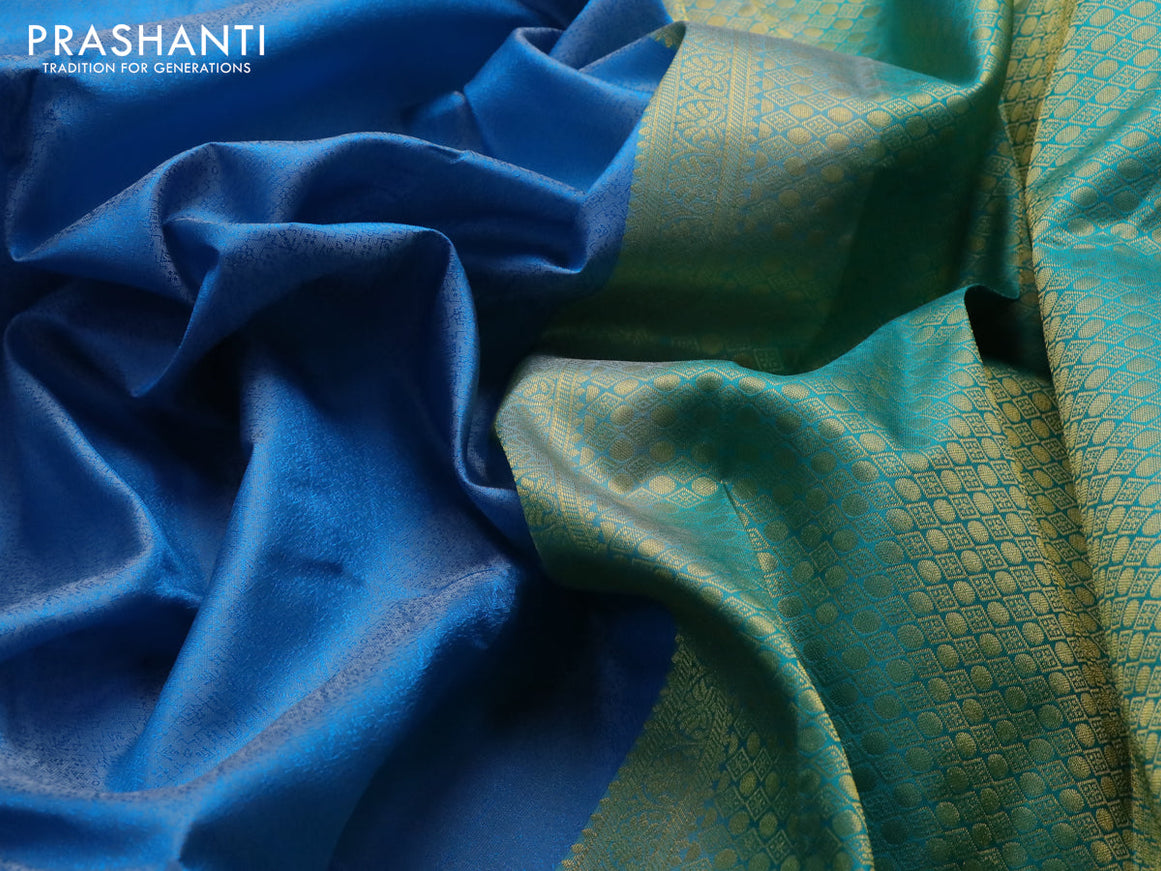 Pure kanjivaram silk saree cs blue and teal green with allover self emboss and zari woven border