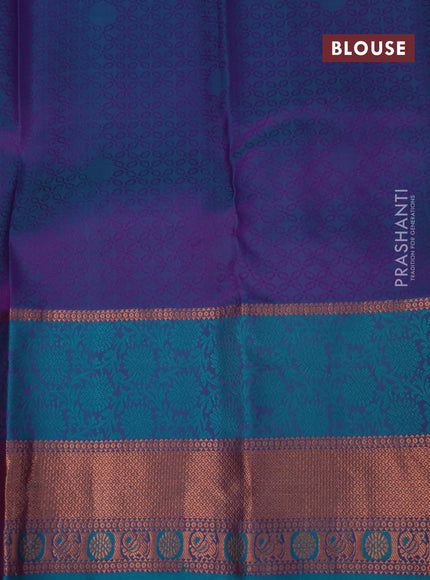 Pure kanjivaram silk saree dual shade of purple and teal green with allover self emboss & zari buttas and copper zari woven border