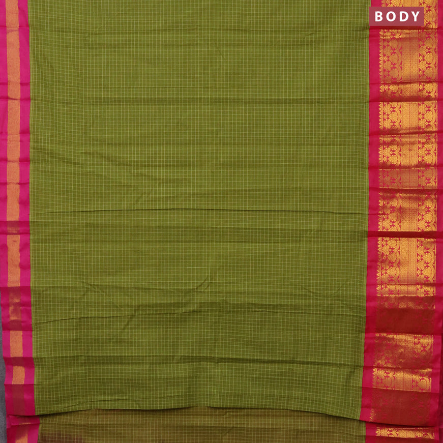 Gadwal cotton saree mehendi green and pink with allover checked pattern and long zari woven korvai border without blouse