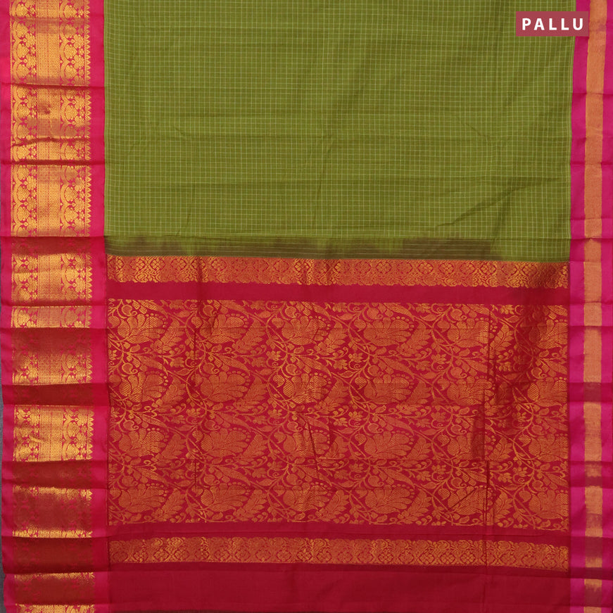 Gadwal cotton saree mehendi green and pink with allover checked pattern and long zari woven korvai border without blouse