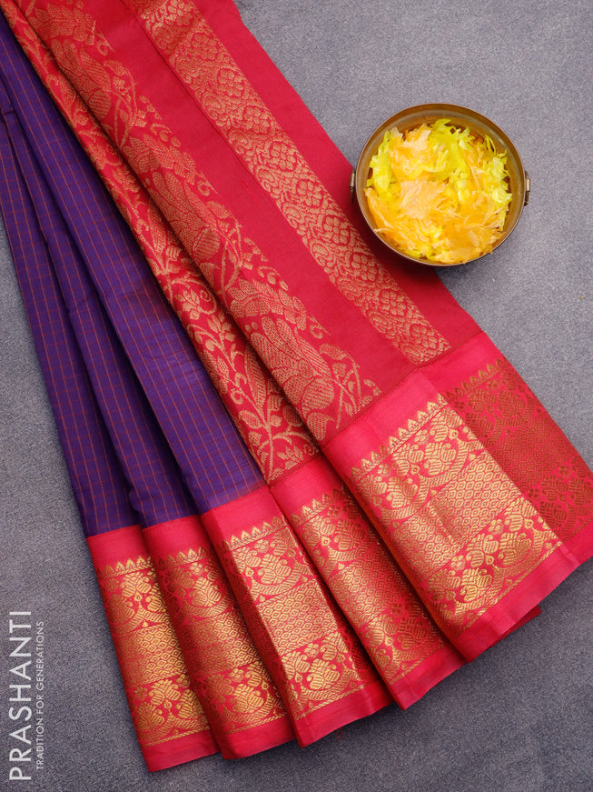 Gadwal cotton saree deep violet and pink with allover checked pattern and long zari woven korvai border without blouse