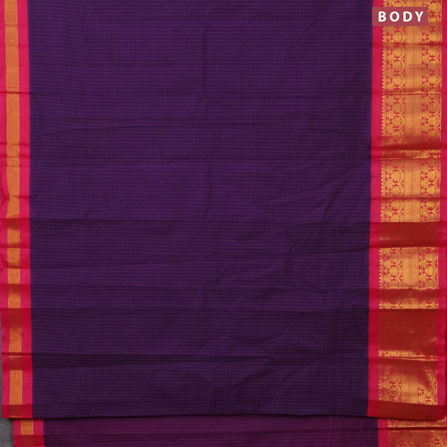 Gadwal cotton saree deep violet and pink with allover checked pattern and long zari woven korvai border without blouse
