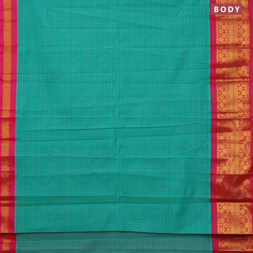 Gadwal cotton saree teal green shade and pink with allover checked pattern and long zari woven korvai border without blouse