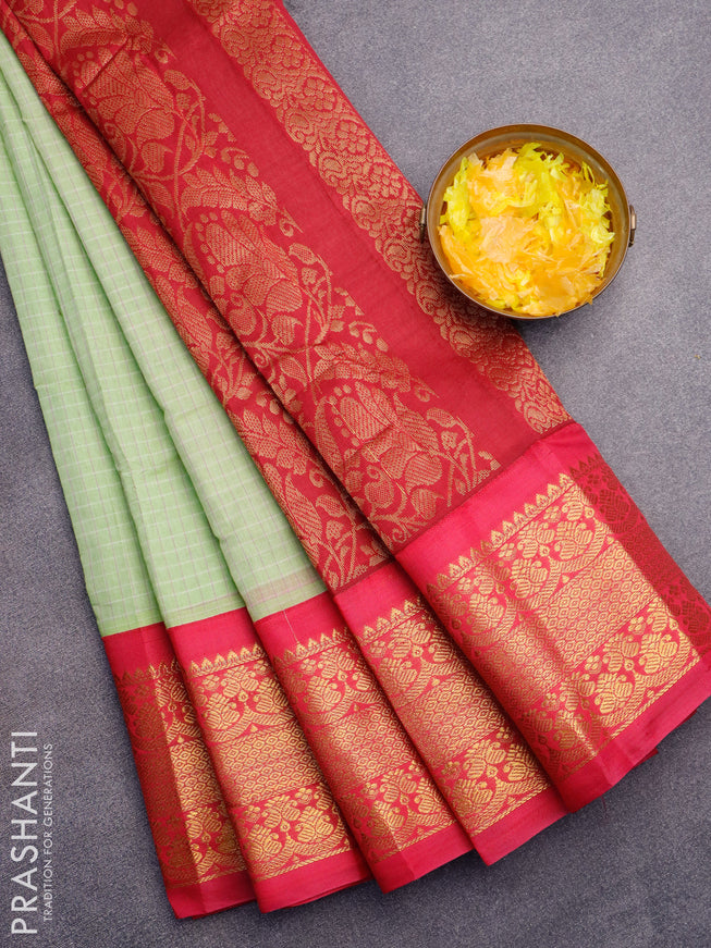 Gadwal cotton saree pista green and pink with allover checked pattern and long zari woven korvai border without blouse