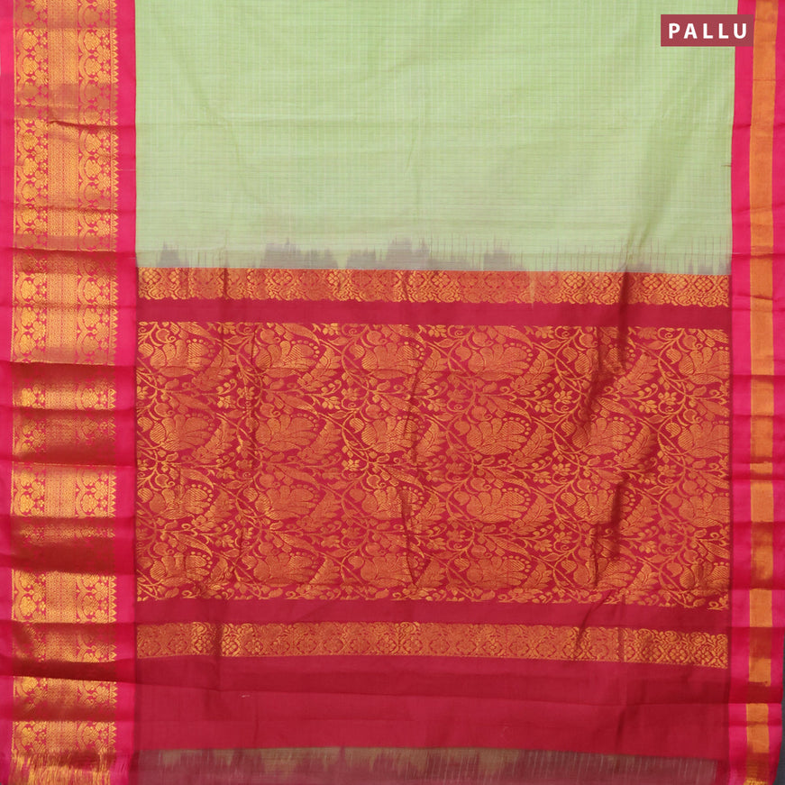Gadwal cotton saree pista green and pink with allover checked pattern and long zari woven korvai border without blouse