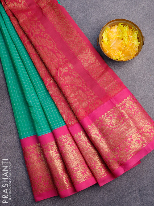 Gadwal cotton saree green shade and pink with allover checked pattern and long zari woven korvai border without blouse