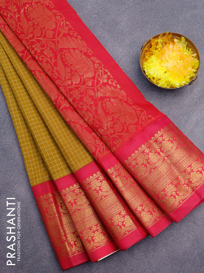 Gadwal cotton saree dark mustard and pink with allover checked pattern and long zari woven korvai border without blouse