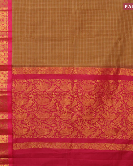 Gadwal cotton saree brown and pink with allover checked pattern and long zari woven korvai border without blouse